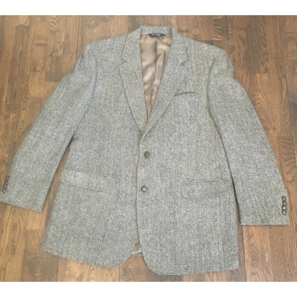Harris Tweed Jos A Bank Sport Coat Men’s 46L Grey Herringbone Wool Blazer